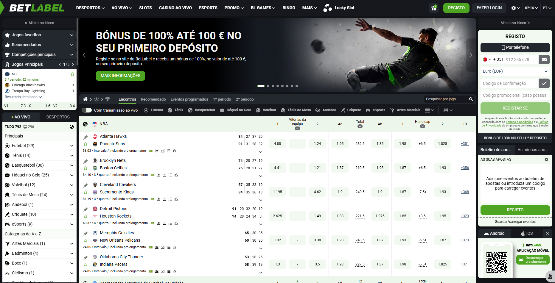 Screenshot real da homepage do BetLabel