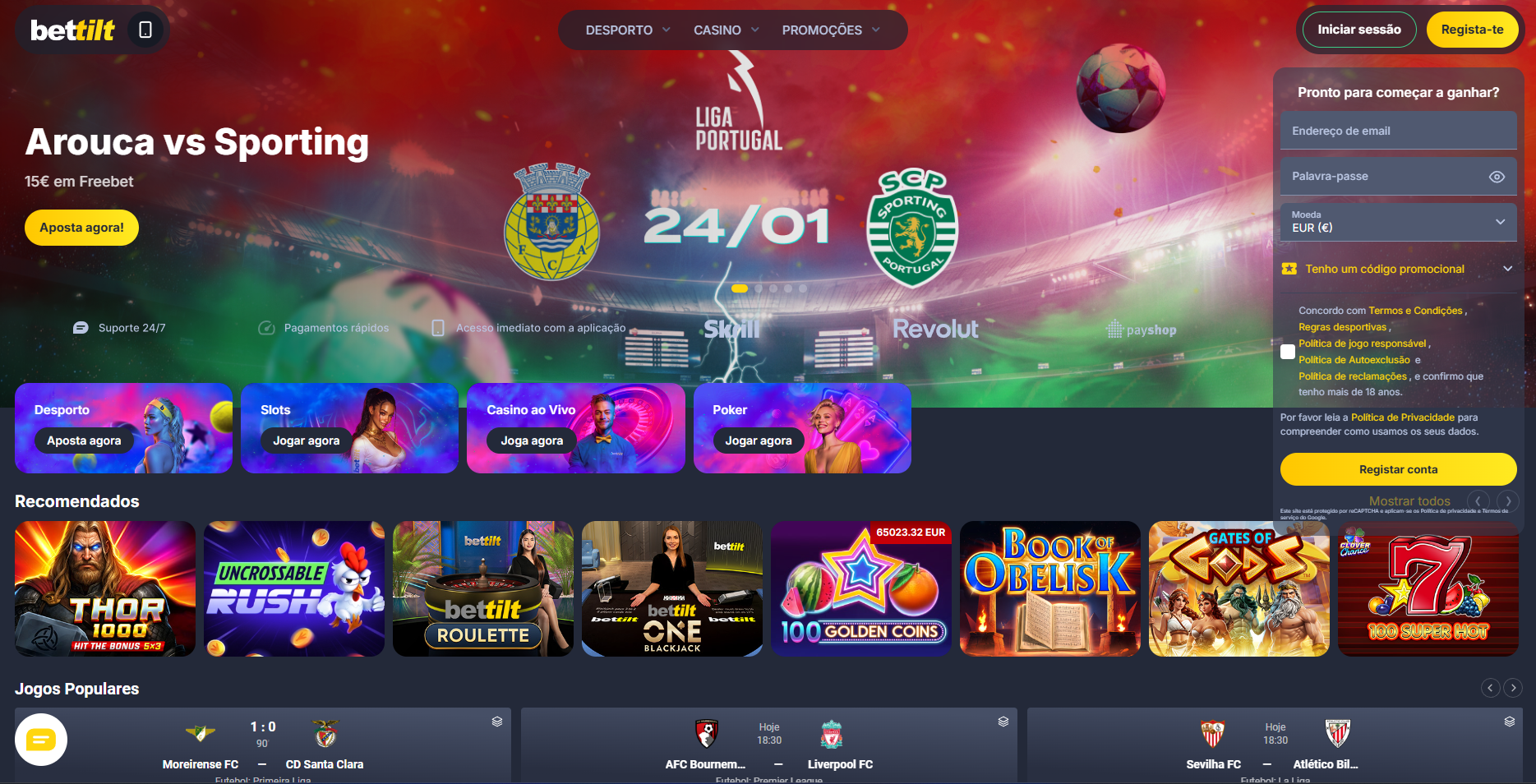 Screenshot real da homepage da Bettilt