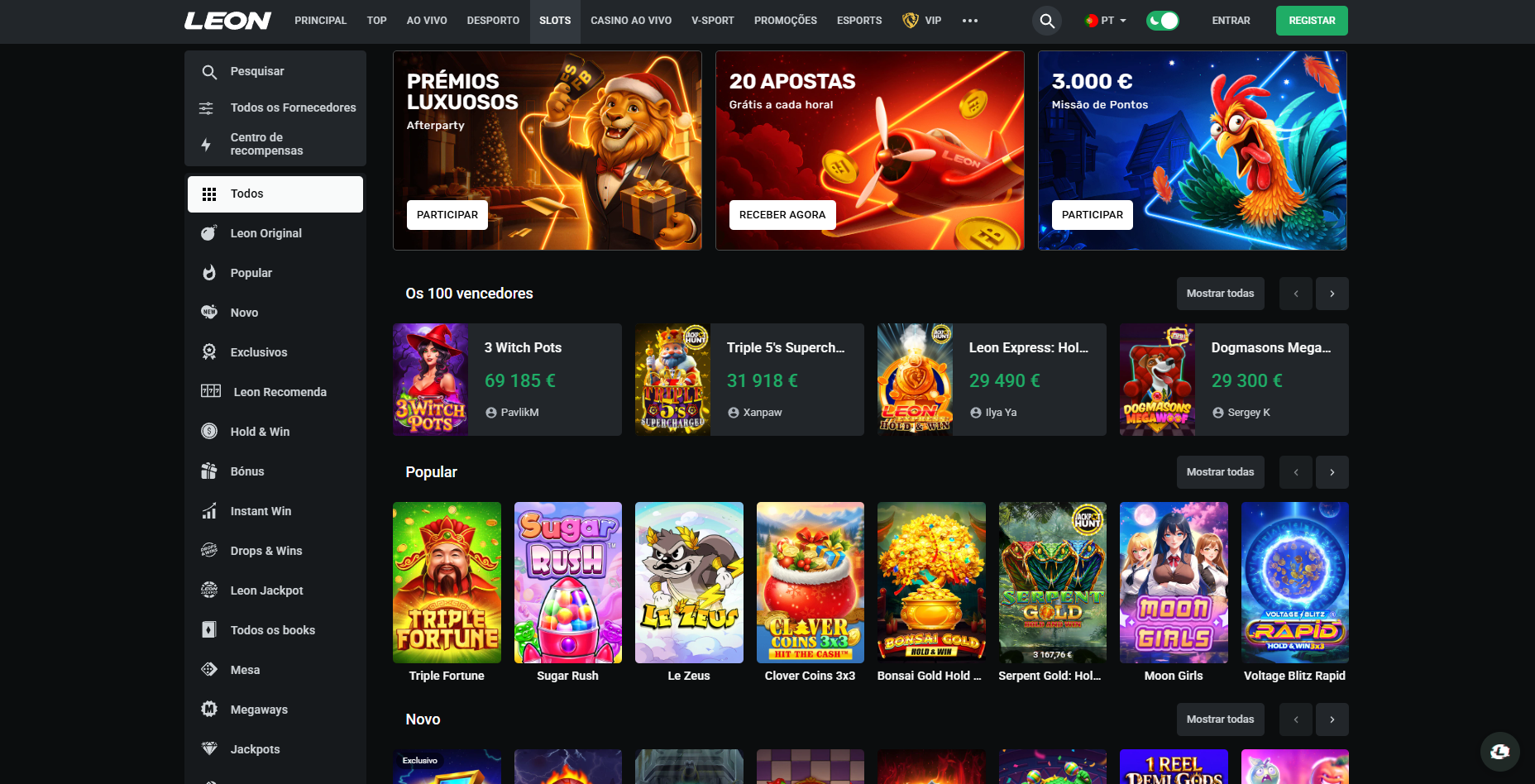 Screenshot real da homepage da Leonbet