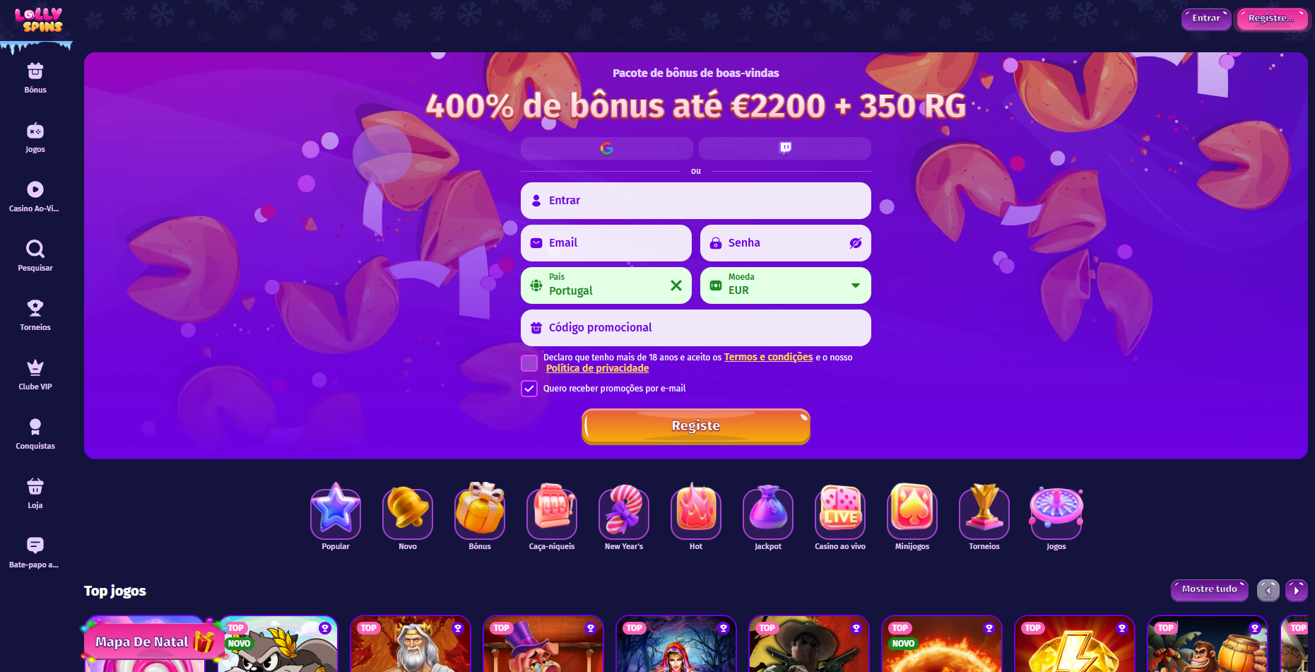 Screenshot da homepage da Lollyspins Casino